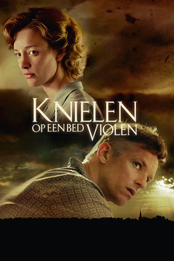 Póster de Knielen op een bed violen